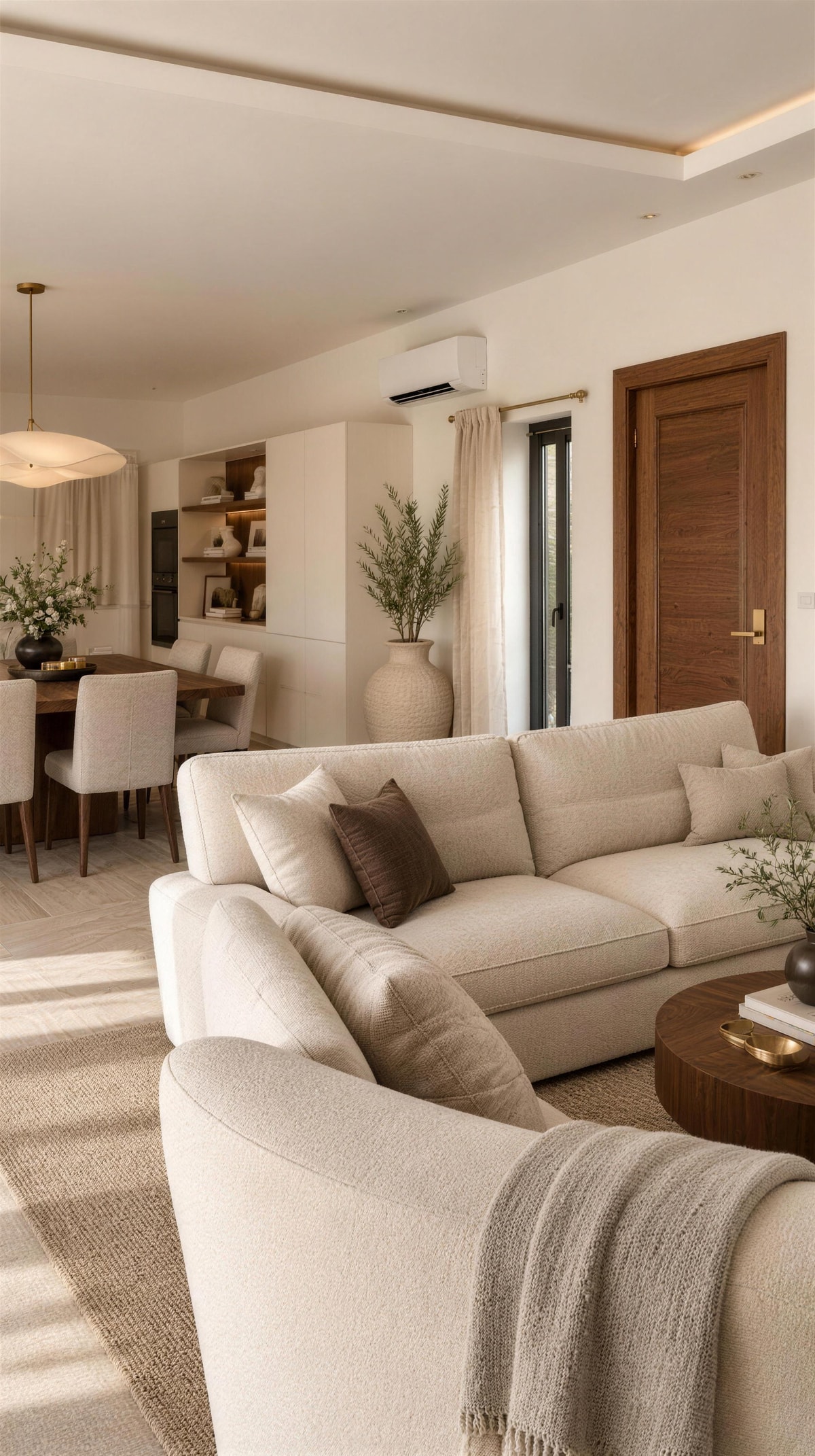 Le même séjour en rendu Label Maison Studio, ambiance contemporain chic