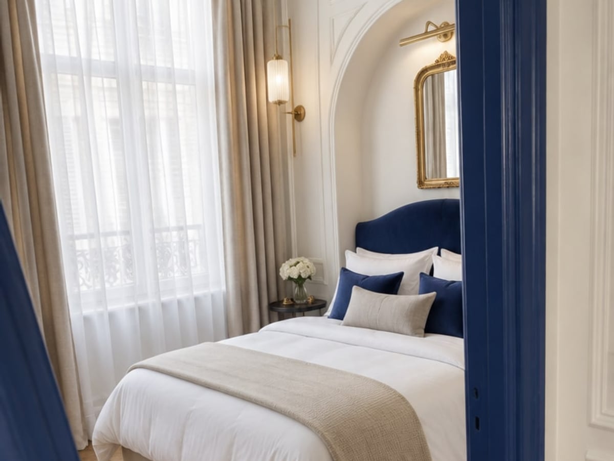 Rendu Label Maison Studio : chambre en ambiance haussmannienne