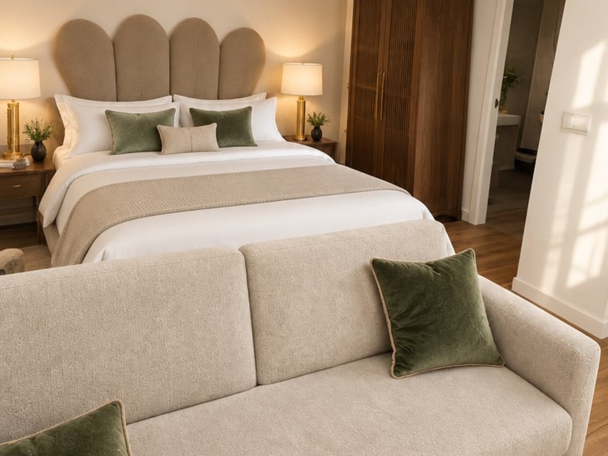 Rendu Label Maison Studio : chambre mise en scène comme une suite d'hôtel